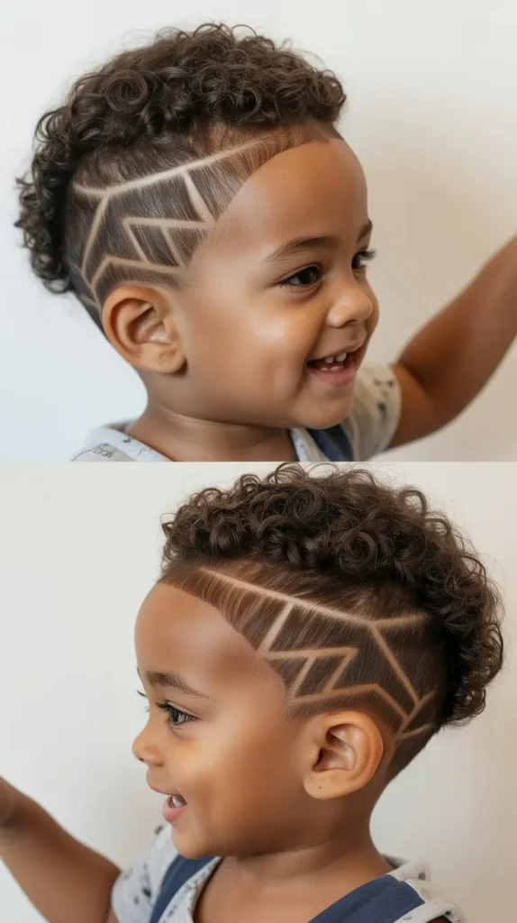 19. Curly Fade with Line Design