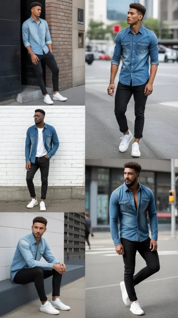 Denim Shirt with White Sneakers